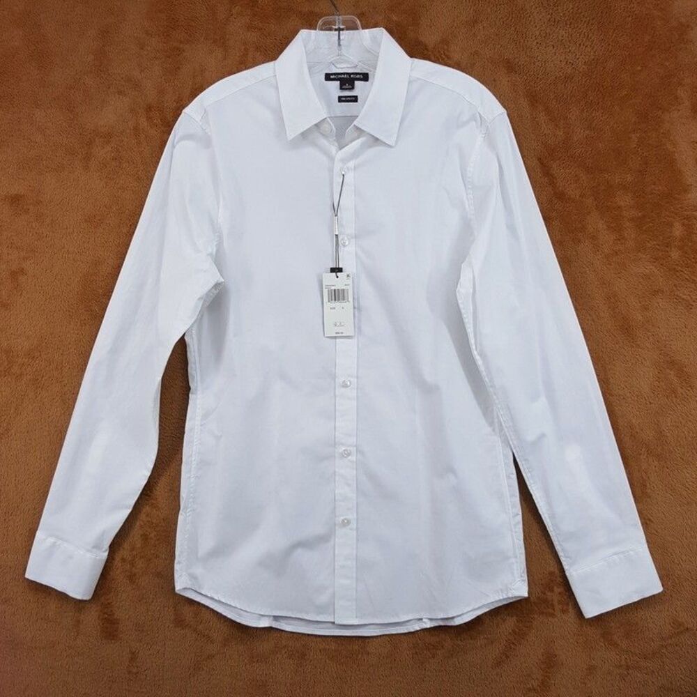 MICHAEL KORS Dress Shirt Mens Small White Trim Stretch Tailored Fit Cotton Blend